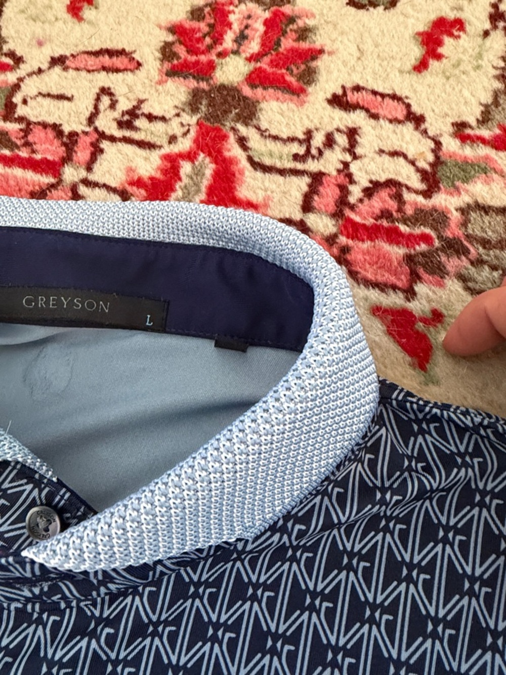 Greyson Navy Geometric Polo with Light Blue Collar - Picture 5 of 11